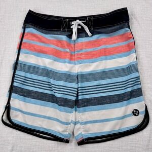Ezekiel Mens 34 Striped Board Shorts Blue Red White Stretch Swim Trunks